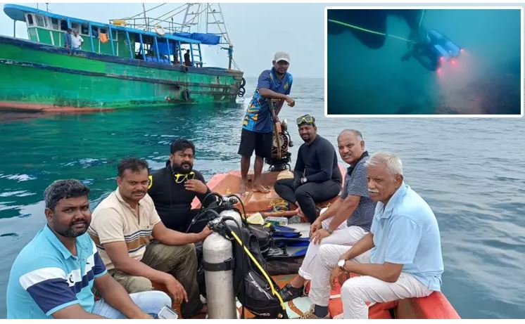 பூம்புகார் கடல் அடியில் ஆய்வு மேற்கொள்ளும் தொல்லியல் அறிஞர் குழு